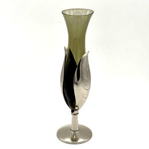 Rosalco Bud Vase Smokey Glass Silverplate Leaf Pedestal Art Deco Nouveau Sleek